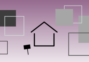Abstract image that portrays a home, a gavel, and several decorative squares